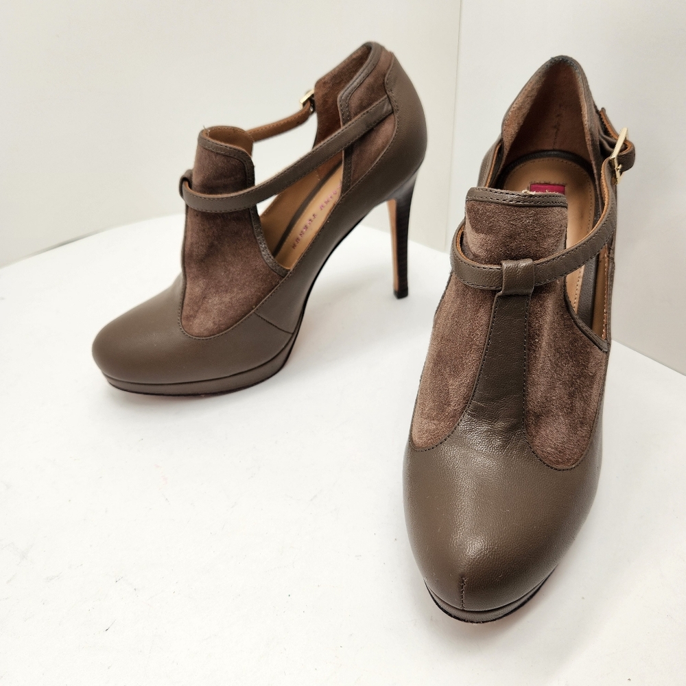 Elaine Turner Shooties 8 Khaki brown Leather Cut Out Booties Stiletto Platform